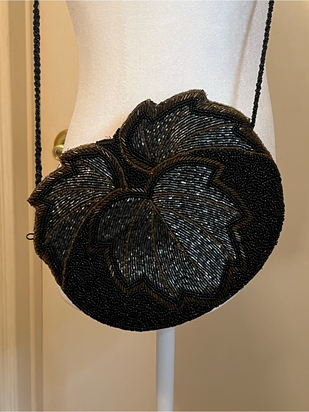 Vintage 1990s Black Hand Beaded Leaf Evening Bag | YKK Zipper | Made in China